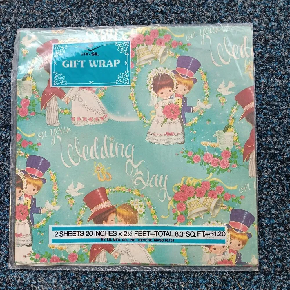 Vintage Hy-Sil Gift Wrap Wrapping Paper On Your Wedding Day 2 Sheets 20x30